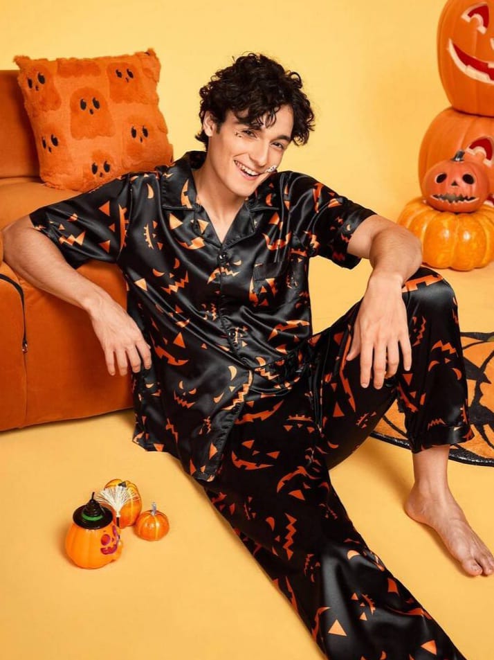 SLEEPTIME Halloween Satin Shiny Funny Pumpkin Prints Cardigan Sleepwear Set